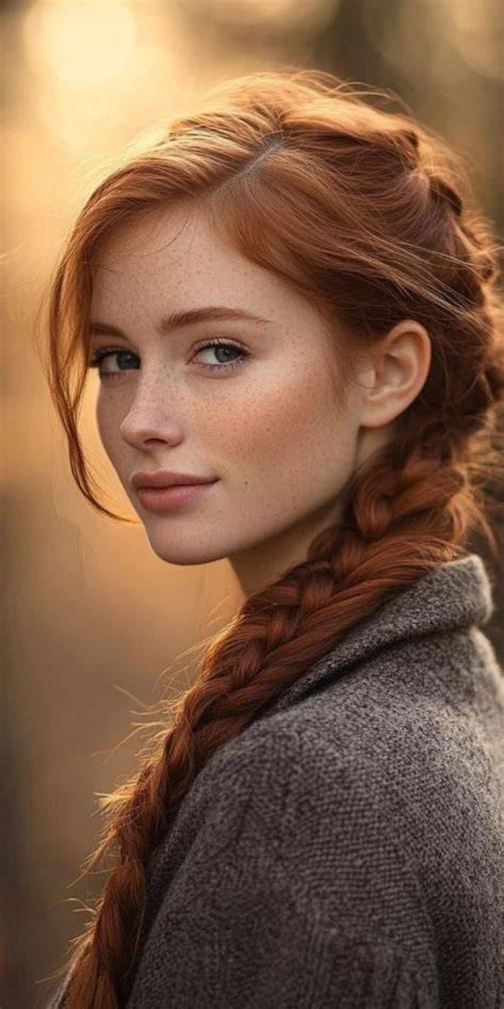 a woman with red hair wearing a pink dress and looking off to the side